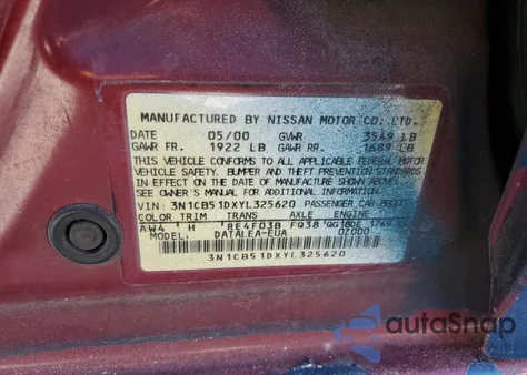 2000 Nissan Sentra Base z USA, uszkodzony, nr VIN 3N1CB51DXYL325620